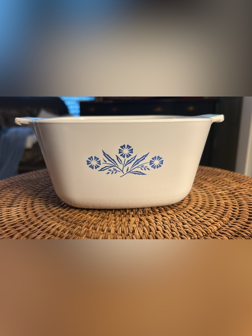 Corningware White Casserole Dish with Blue Floral Motif